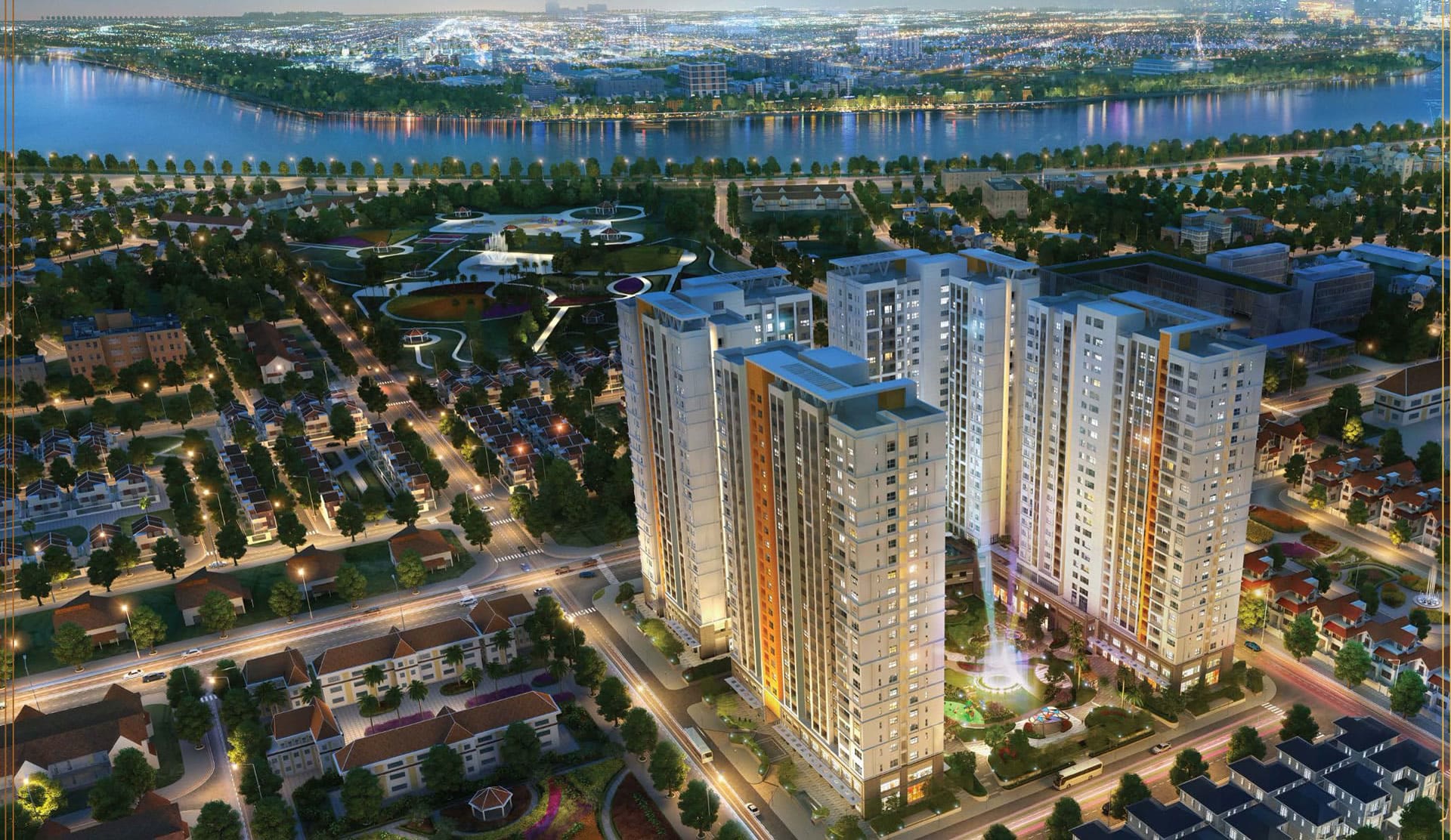 Phối cảnh tổng thể Victoria Village – khu phức hợp 4 tháp căn hộ Novaland bên sông Sài Gòn, Thạnh Mỹ Lợi (Cát Lái), TP Thủ Đức